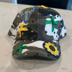 Camouflage Cap with Sunflower and Ribbon Accents